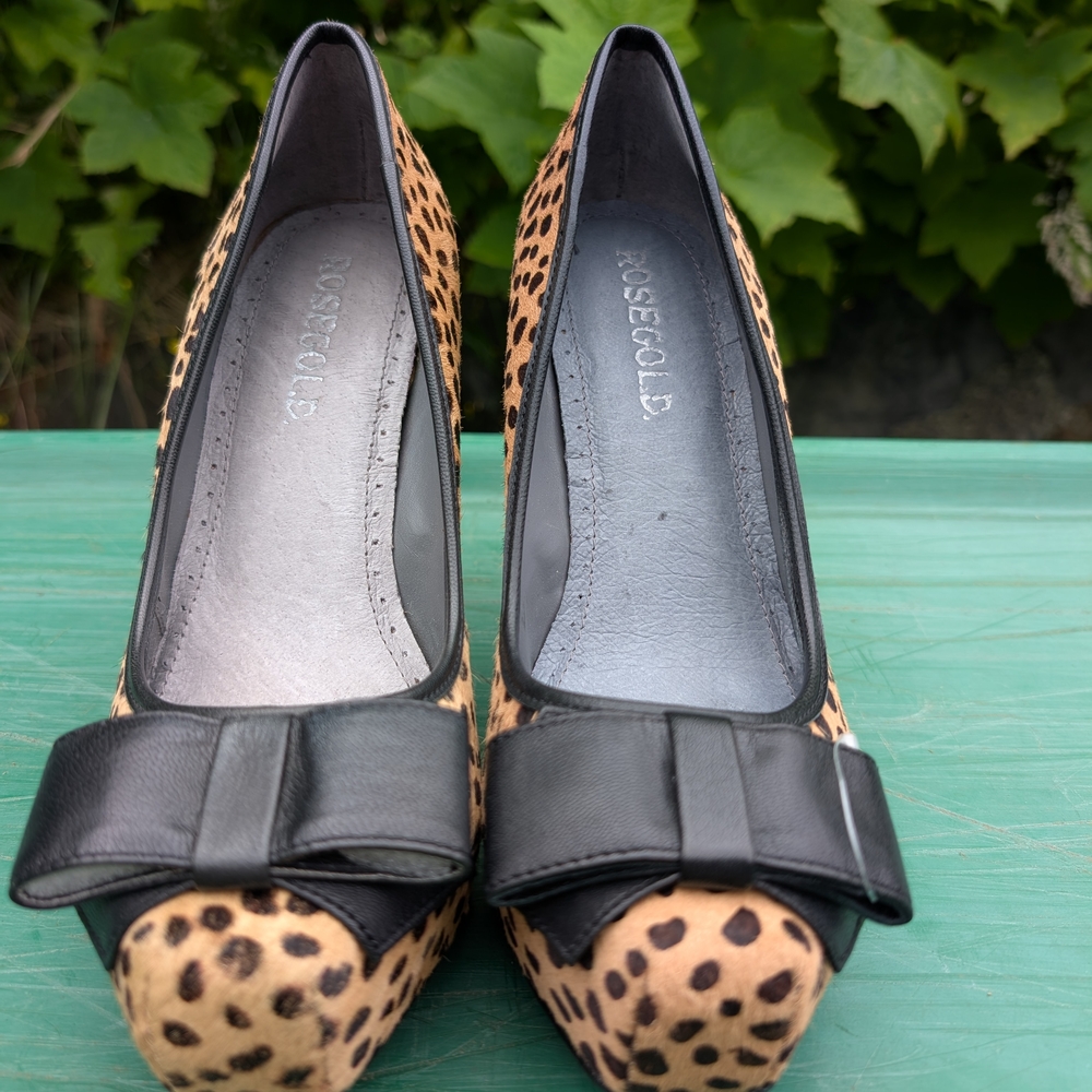Rosegold Shoes Leopard Print Heels with Black Bow